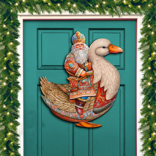 Charming Santa Riding Goose Holiday Door Decor by G. Debrekht - Christmas Santa Snowman Decor - 8611063H-0