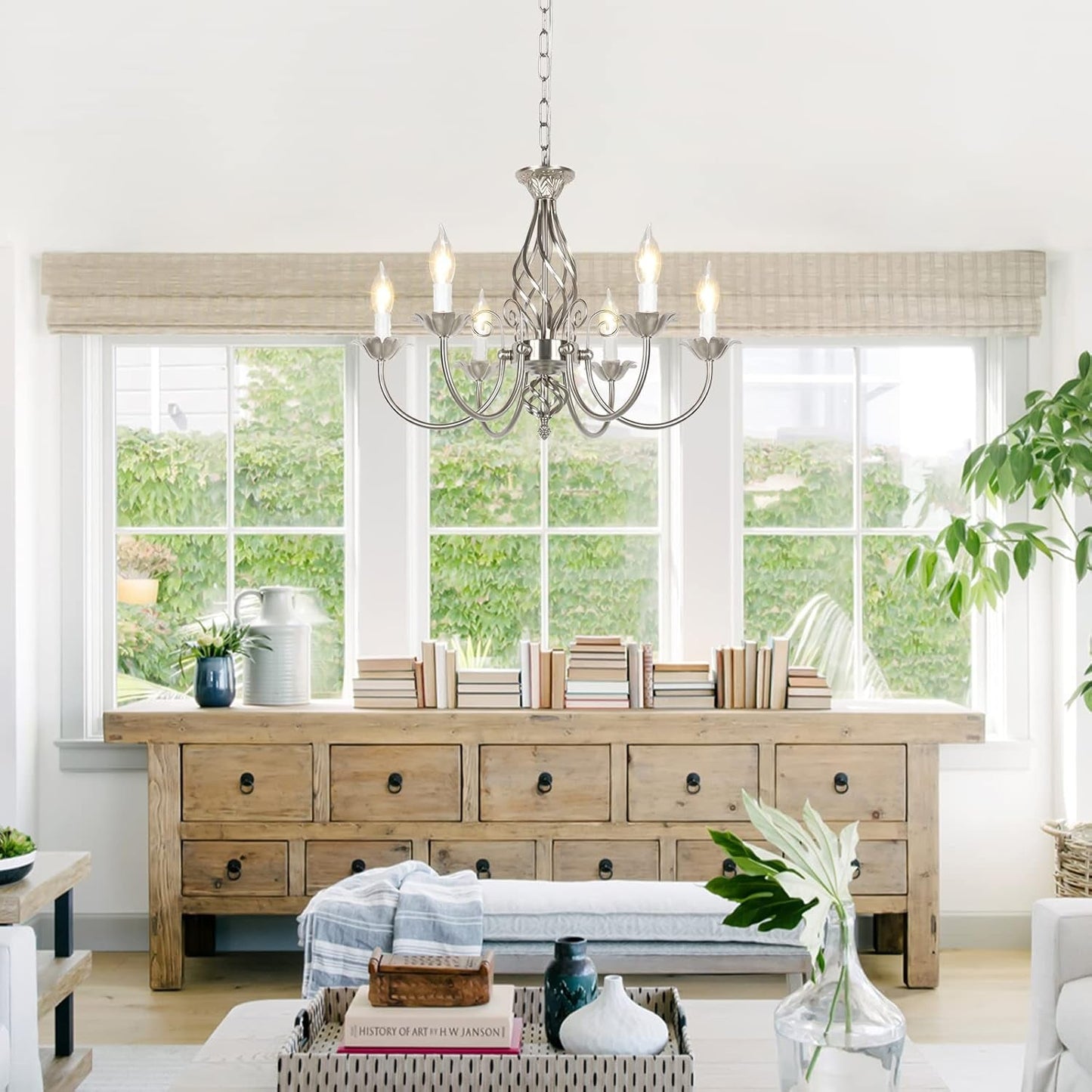 6-Light Farmhouse Candle Chandelier for Living Room, Rustic Industrial Pendant Ceiling Light Fixture, Brushed Nickle Modern Ceiling Hanging Lamp for Bedroom Hallway Kitchen Dining Room Foyer, E12 Base-0