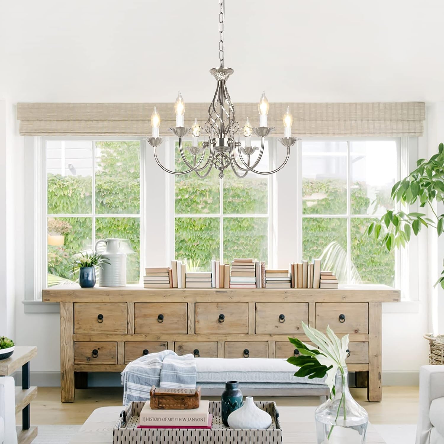 6-Light Farmhouse Candle Chandelier for Living Room, Rustic Industrial Pendant Ceiling Light Fixture, Brushed Nickle Modern Ceiling Hanging Lamp for Bedroom Hallway Kitchen Dining Room Foyer, E12 Base-0