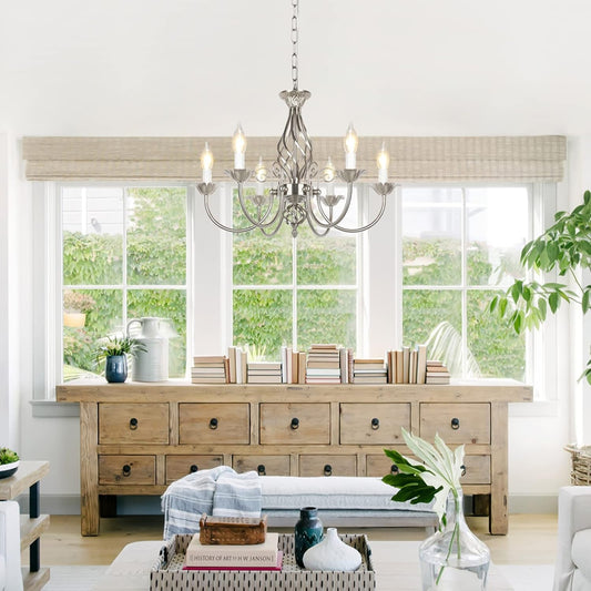 6-Light Farmhouse Candle Chandelier for Living Room, Rustic Industrial Pendant Ceiling Light Fixture, Brushed Nickle Modern Ceiling Hanging Lamp for Bedroom Hallway Kitchen Dining Room Foyer, E12 Base-0