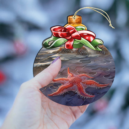 Red Sunflower Sea Star Wooden Ornaments by G.Debrekht - Wildlife Holiday Decor - 870019-4