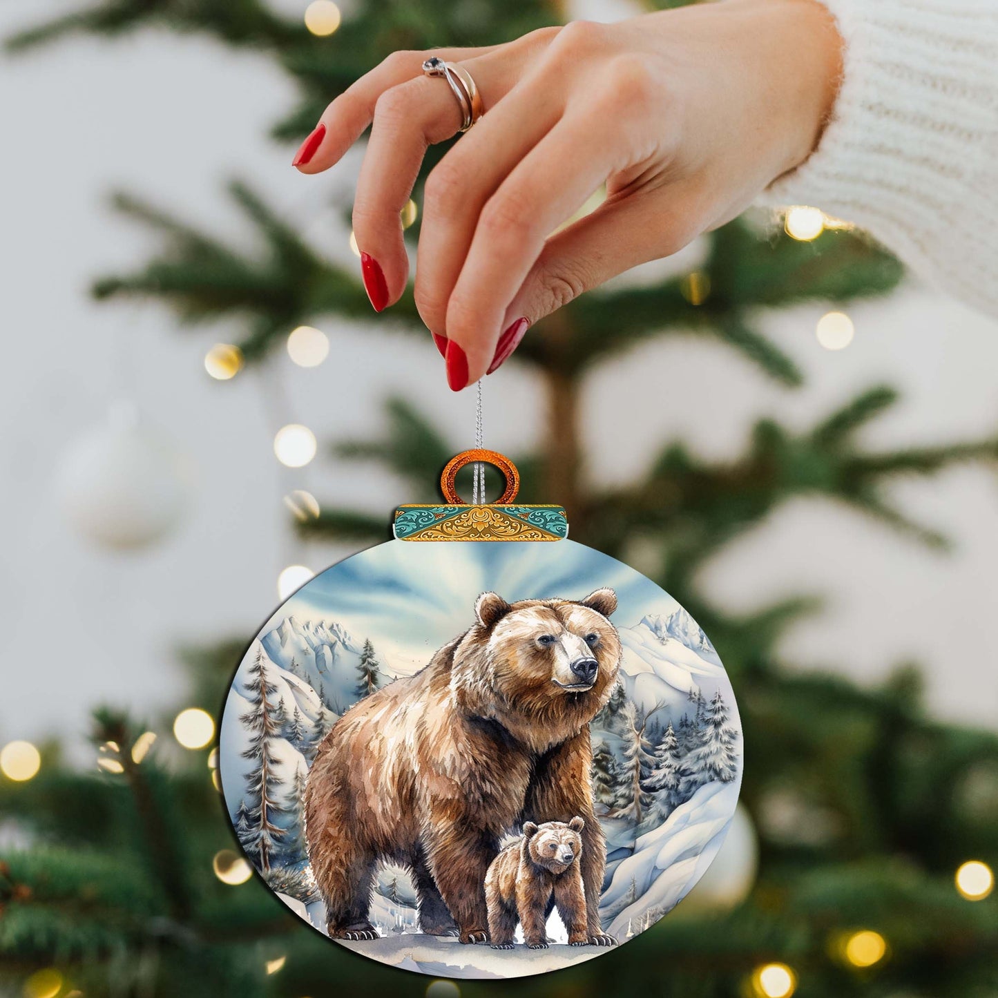 Grizzly Bear with Cub Wooden Ornaments by G.Debrekht - Wildlife Holiday Decor - 870070-3