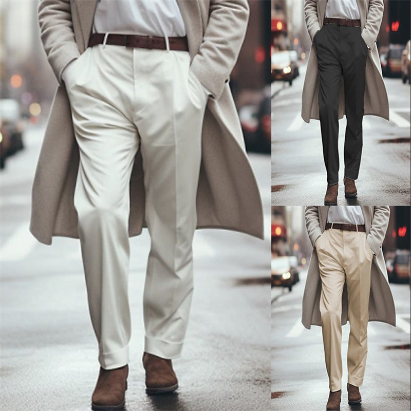 Men's Formal Wear Solid Color Slant Pockets Loose Mid Waist Suit Pants