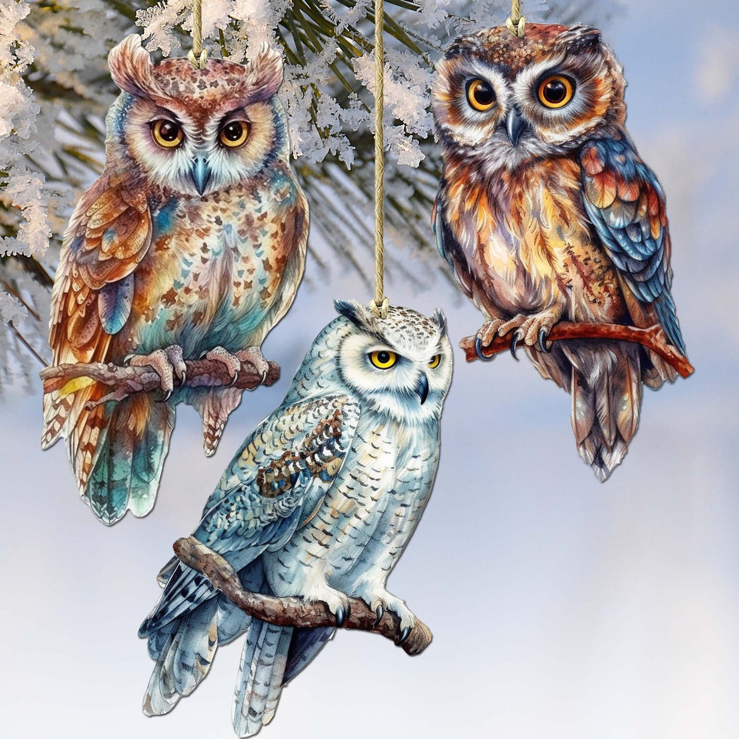Night Owls Decorative Wooden Ornaments of 3 by G. Debrekht - Wildlife Decor - 8091004-S3-0