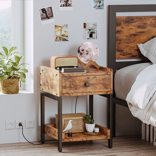Bedside Table with Charging Station, Vintage Brown-0