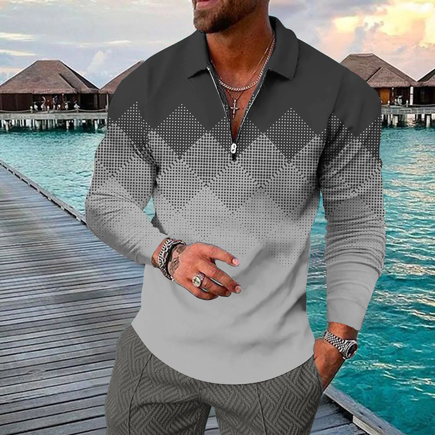 Long-sleeve Geometric Printed Zipper Lapel Shirt Casual