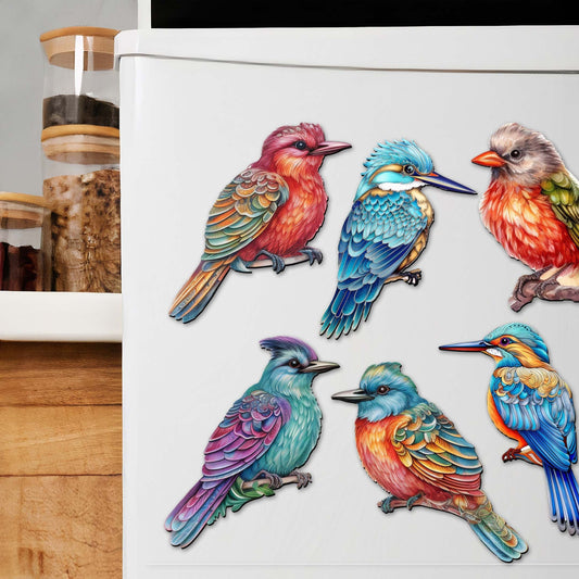 Colorful Birds Decorative Eco Wood Magnets Set of 6 by G. Debrekht - Wildlife Decor - 8090003G-S6-0