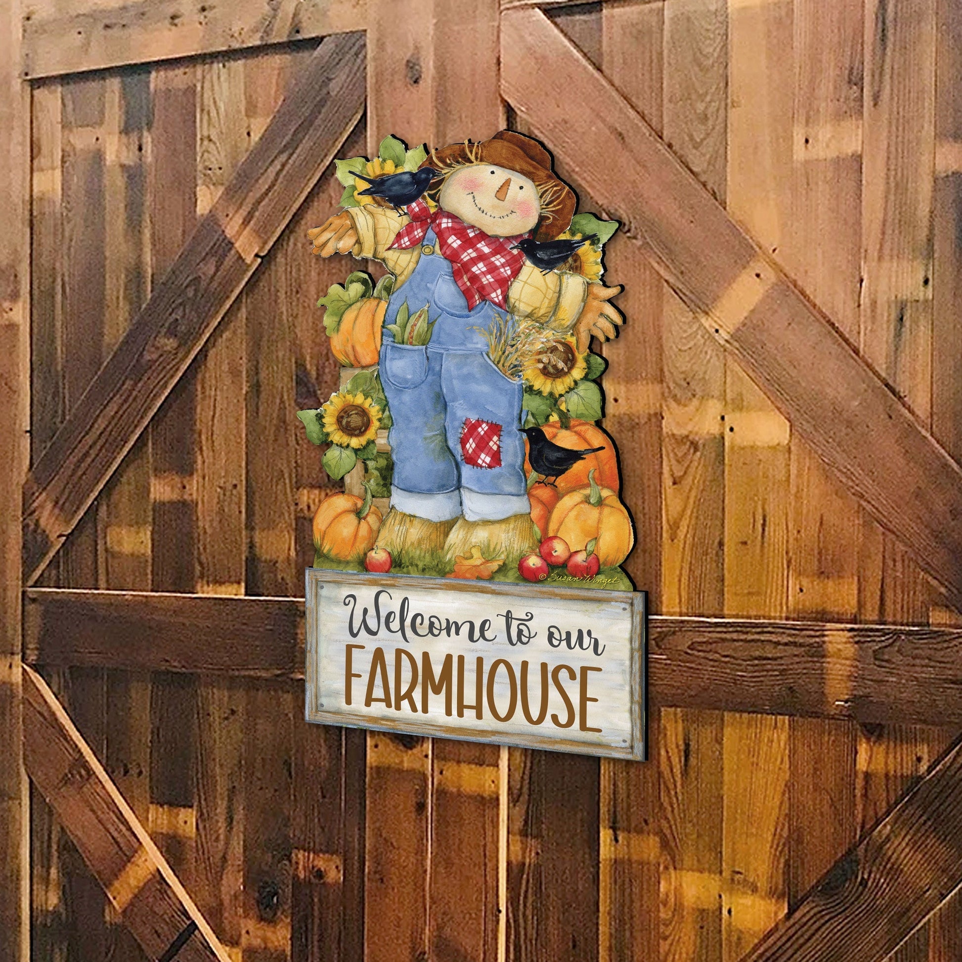 Farmhouse Door Hanger Fall Decoration Harvest Scarecrow Welcome Sign - Handmade Gift Autumn Adornment by Susan Winget - 8471211-2H-SW-3