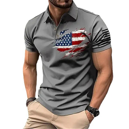 Men's Casual Flag Printed Lapel Short Sleeve