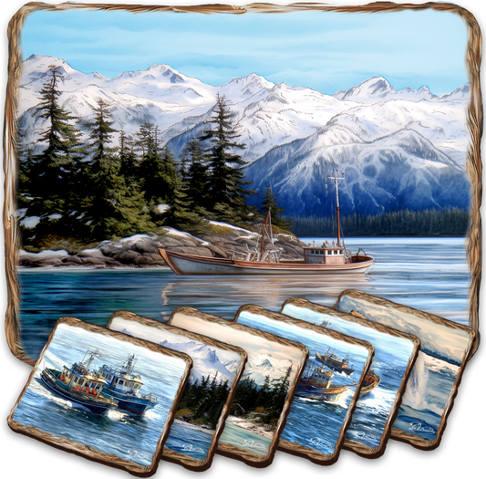 Fishing Boats Wooden Cork Placemat and Coasters Gift Set of 7 by Nature Wonders Coastal Wildlife Decor  - 85405C-S7-0