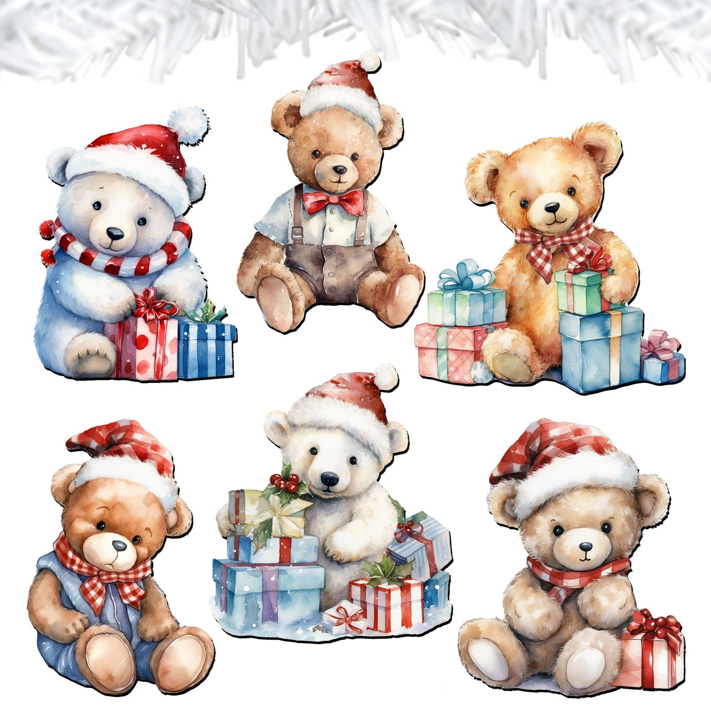 Christmas Teddy Bear Clip-On Eco Wood Decorative Ornaments Set of 6 by G. Debrekht - Christmas Decor - 8090011C-S6-1