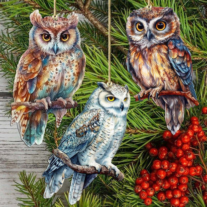 Night Owls Decorative Wooden Ornaments of 3 by G. Debrekht - Wildlife Decor - 8091004-S3-2
