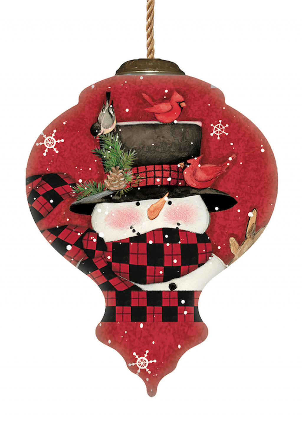 Plaid Snowman and Cardinals Hand Painted Mouth Blown Glass Ornament-1