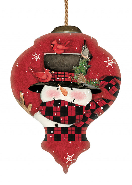 Plaid Snowman and Cardinals Hand Painted Mouth Blown Glass Ornament-0