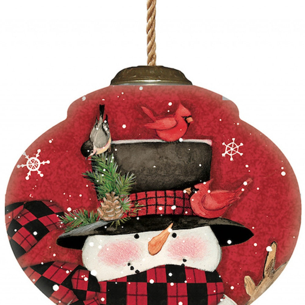 Plaid Snowman and Cardinals Hand Painted Mouth Blown Glass Ornament-2