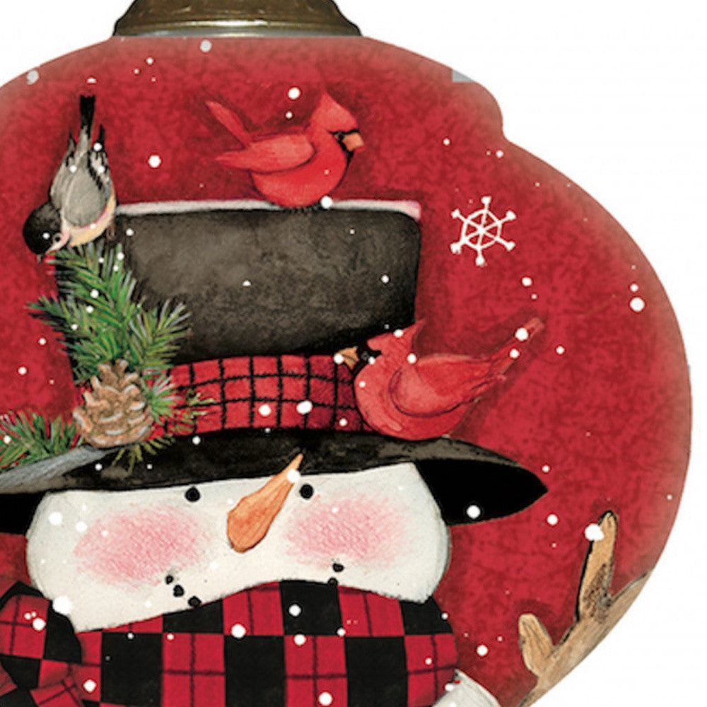 Plaid Snowman and Cardinals Hand Painted Mouth Blown Glass Ornament-3