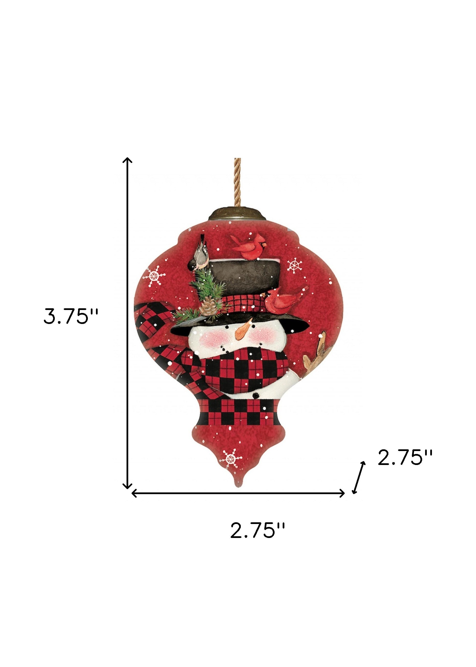Plaid Snowman and Cardinals Hand Painted Mouth Blown Glass Ornament-4