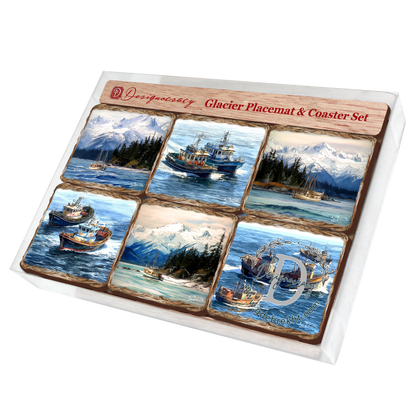 Fishing Boats Wooden Cork Placemat and Coasters Gift Set of 7 by Nature Wonders Coastal Wildlife Decor  - 85405C-S7-4