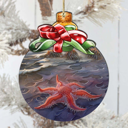 Red Sunflower Sea Star Wooden Ornaments by G.Debrekht - Wildlife Holiday Decor - 870019-2