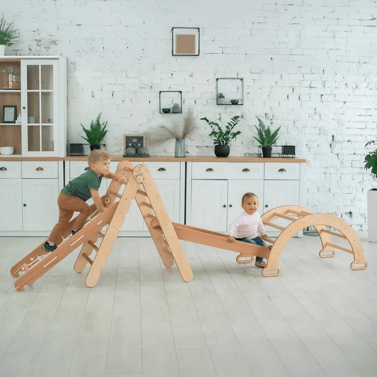 4in1 Montessori Climbing Set: Triangle Ladder + Climbing Arch + Slide Board + Net – Beige-0
