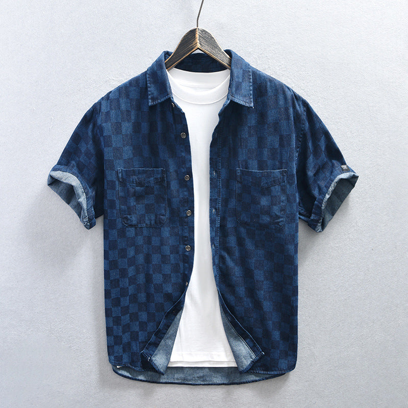 Men's Plaid Casual Denim Short Sleeve Shirt