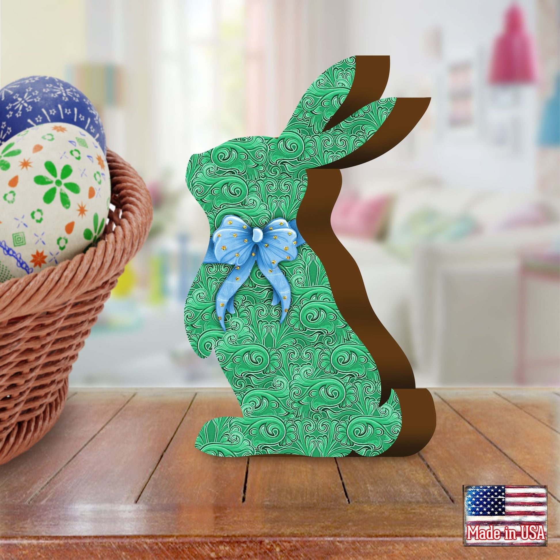 Quilted Green Bunny Decorative Figurine by G. DeBrekht - Easter Spring Decor - 8154425S-0