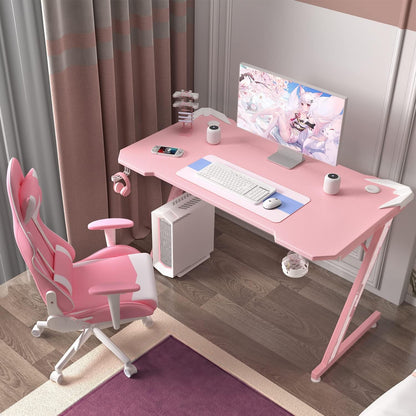 Gaming Computer Desk with Carbon Fiber Surface, Gaming Table Z Shaped Pc Home Office with Cup Holder&Headphone Hook(44 In, Pink)-3