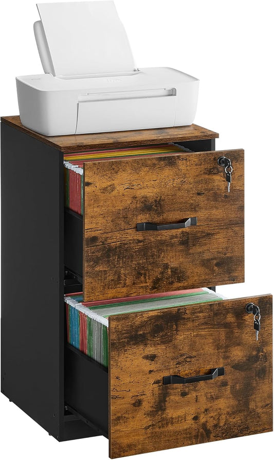 2 Drawer File Cabinet, File Cabinet with Lock, Printer Stand, Office Filing Cabinet Organizer, for A4 and Letter Size Files, Rustic Brown and Black UOFC061B01-0