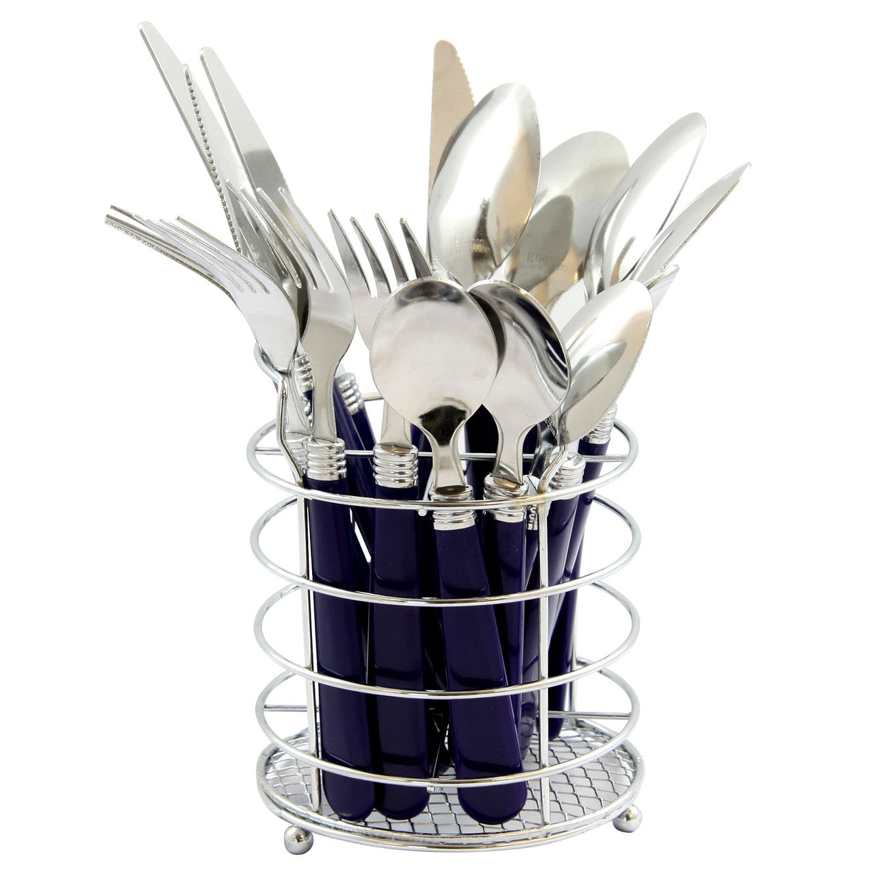 Gibson Sensations II 16 Piece Stainless Steel Flatware Set with Cobalt Handles and Chrome Caddy-0