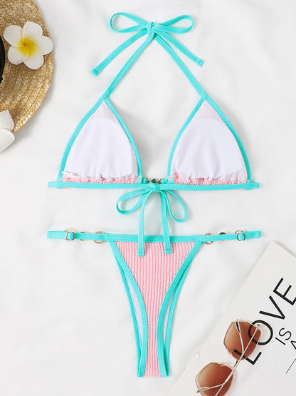 Textured Contrast Halter Neck Two-Piece Bikini Set