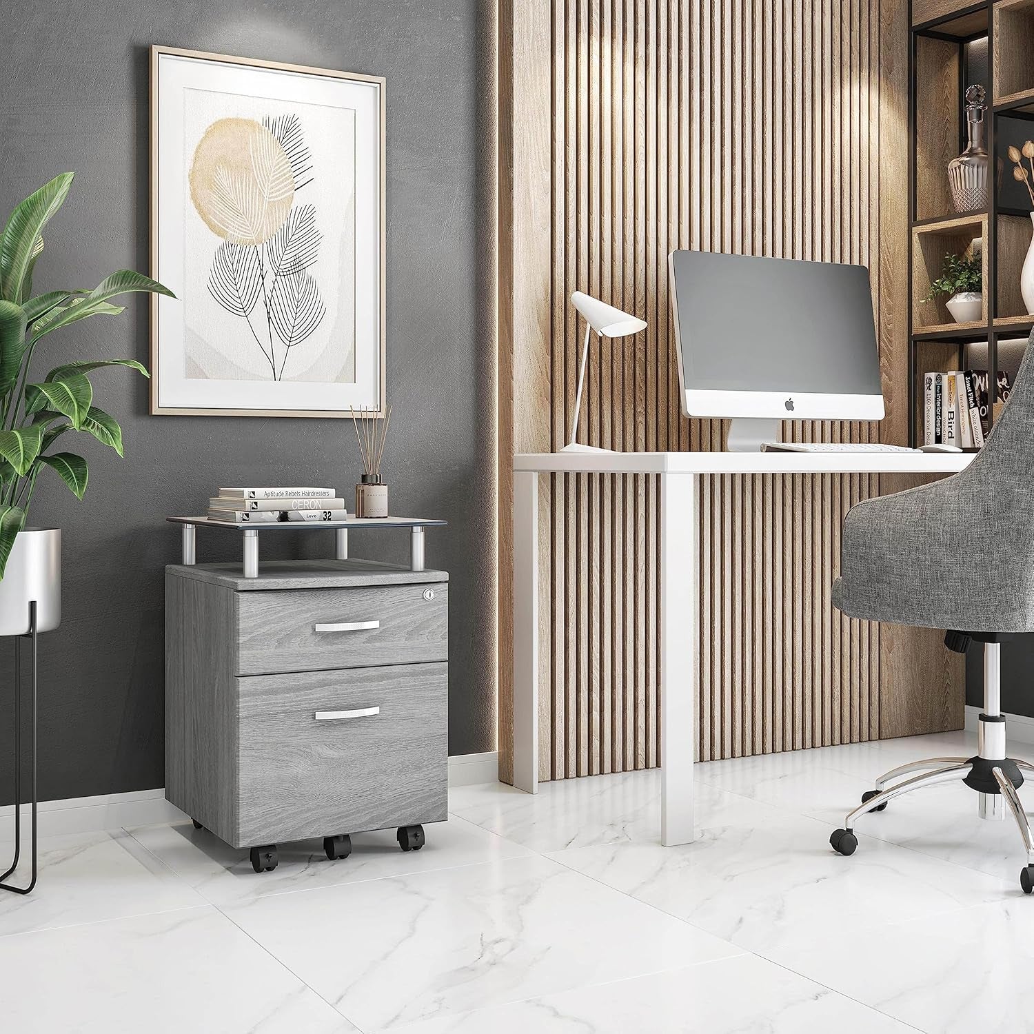2-Drawer Rolling File Cabinet with Lock and Glass Top, under Desk File Cabinet with Wheels, Printer Stand, Grey-1