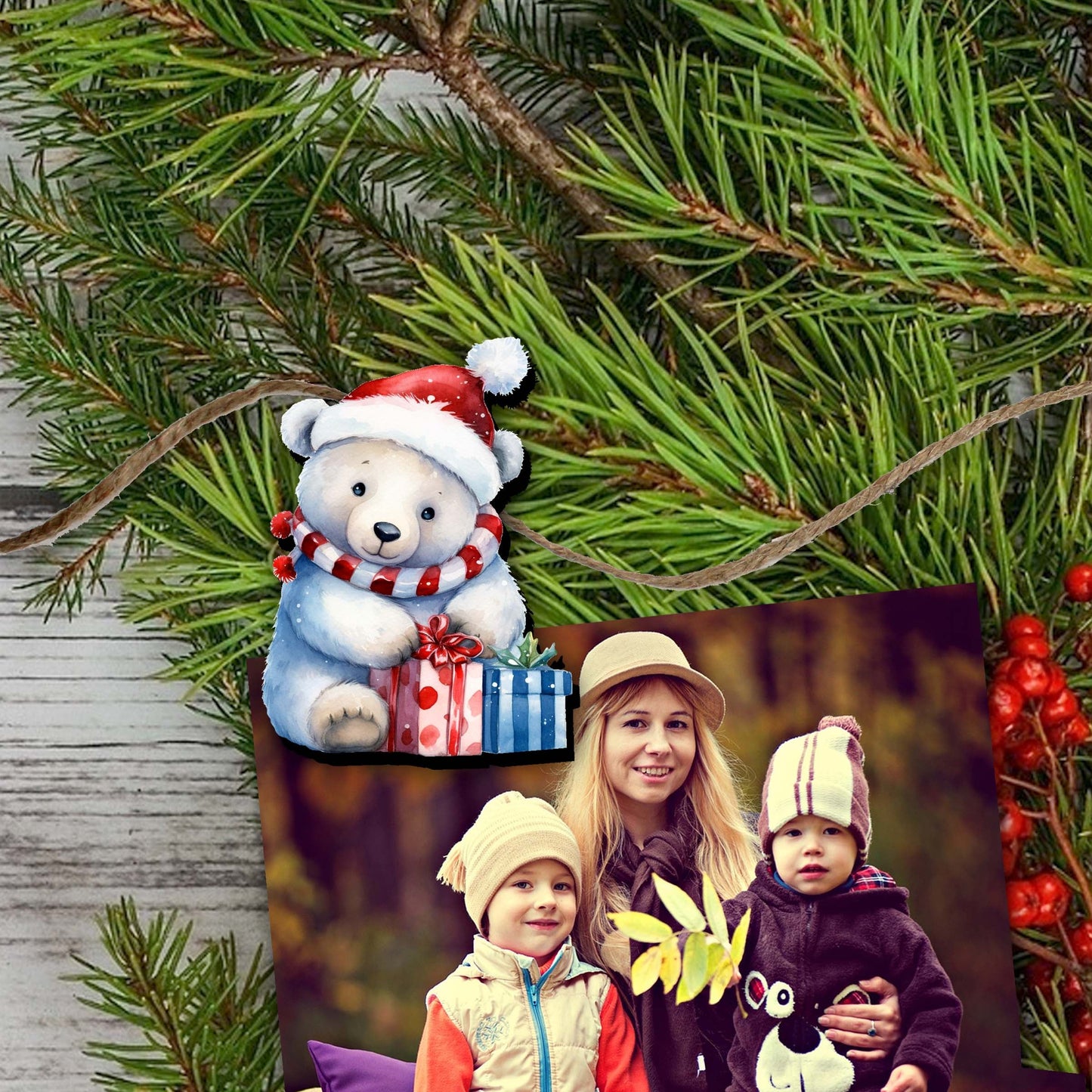 Christmas Teddy Bear Clip-On Eco Wood Decorative Ornaments Set of 6 by G. Debrekht - Christmas Decor - 8090011C-S6-4