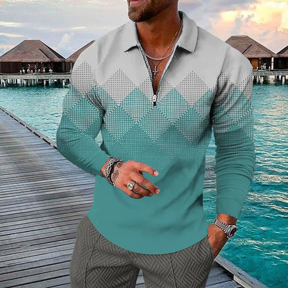 Long-sleeve Geometric Printed Zipper Lapel Shirt Casual