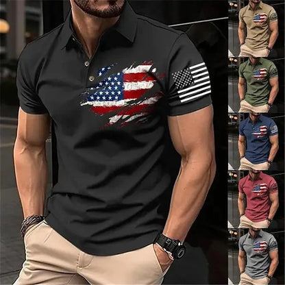 Men's Casual Flag Printed Lapel Short Sleeve