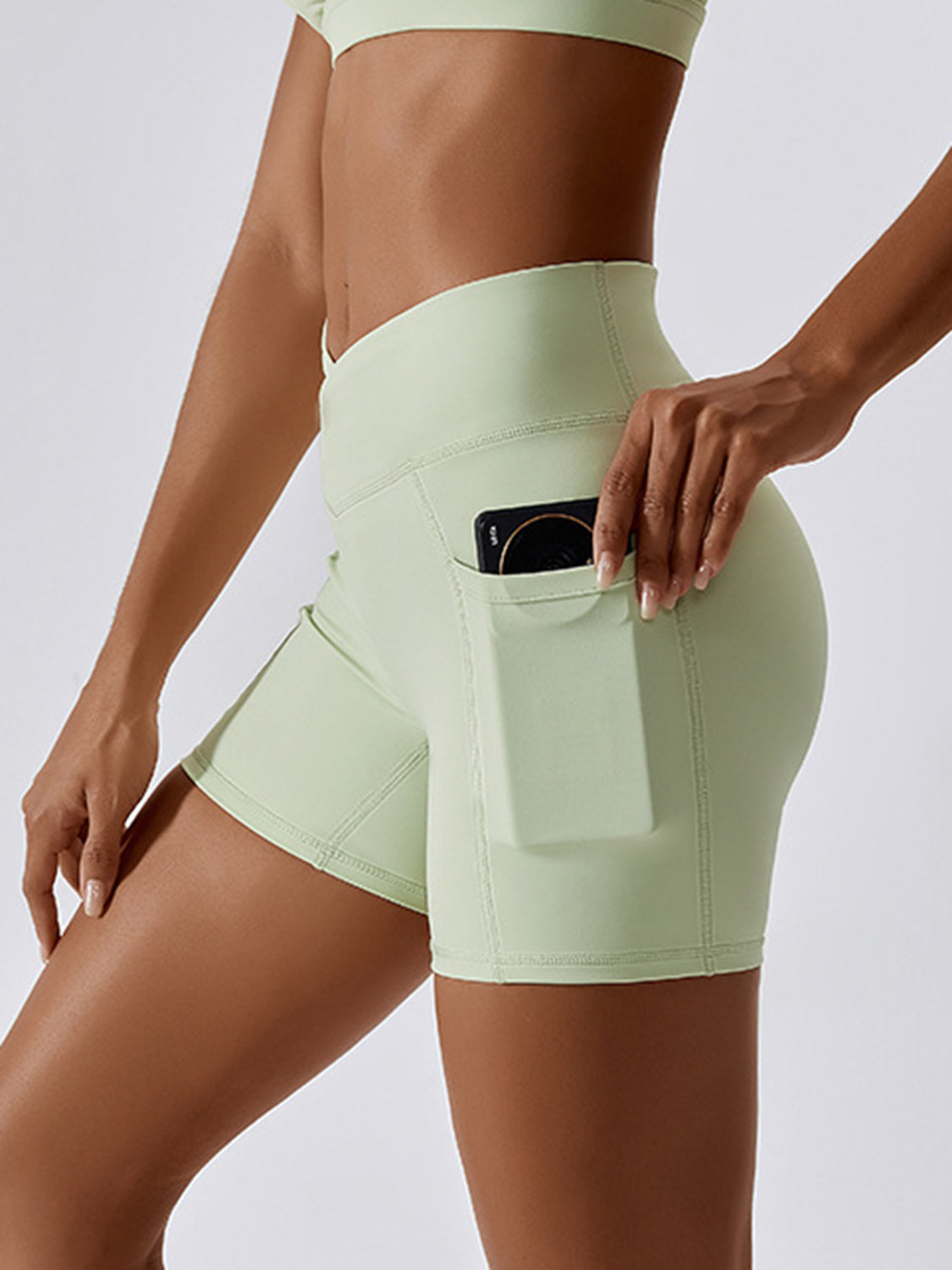 Ruched Pocketed High Waist Active Shorts