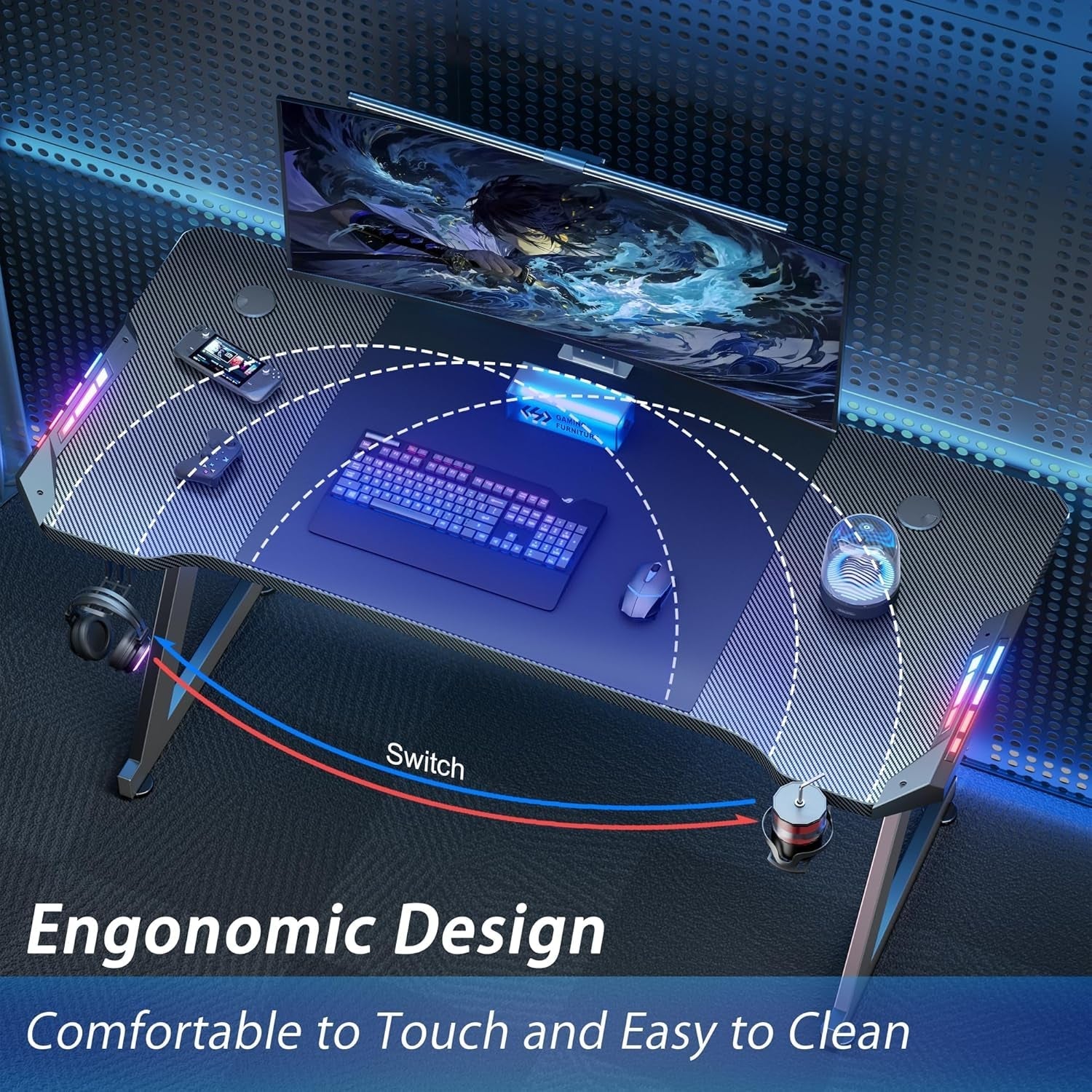 63 INCH Gaming Desk with LED Lights, Home Office Gamer Desk, Ergonomic Computer Table with Large Carbon Fiber Desktop, Office Workstation with Mouse Pad, Cup Holder & Headphone Hook, Black-3