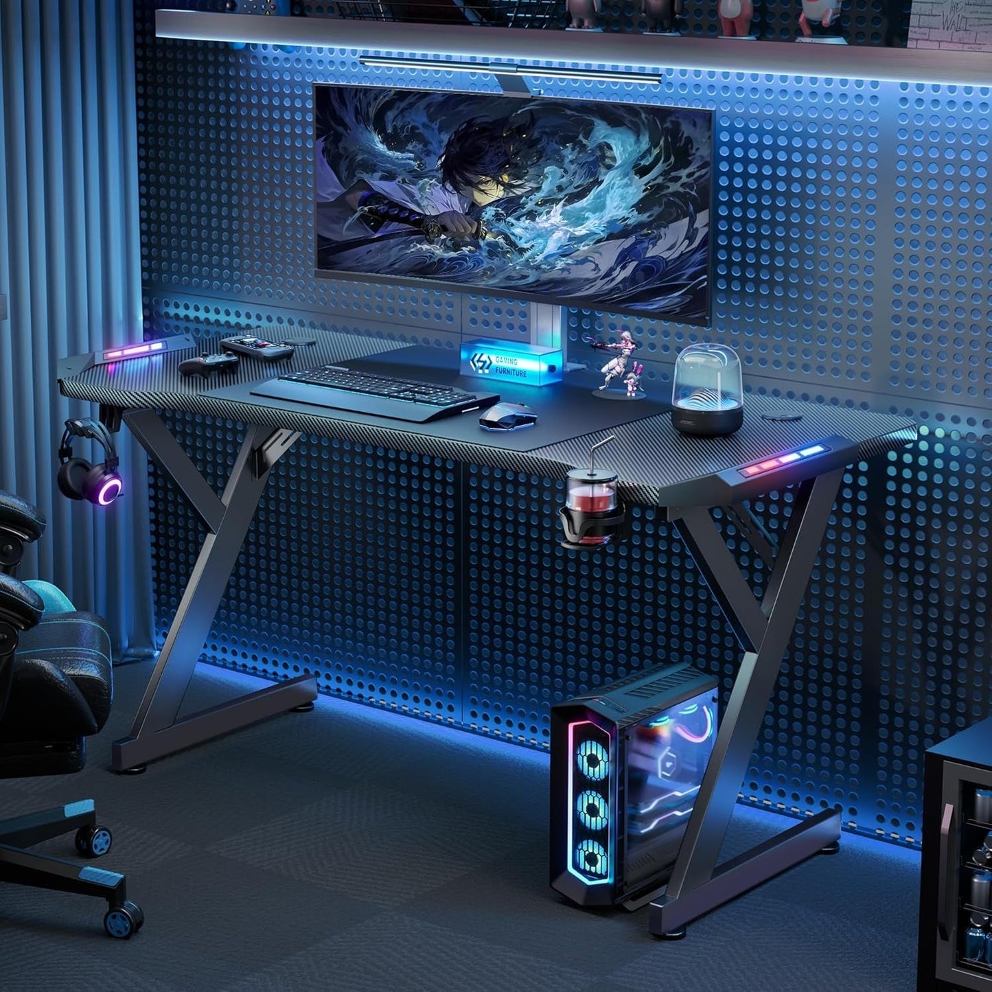 63 INCH Gaming Desk with LED Lights, Home Office Gamer Desk, Ergonomic Computer Table with Large Carbon Fiber Desktop, Office Workstation with Mouse Pad, Cup Holder & Headphone Hook, Black-1