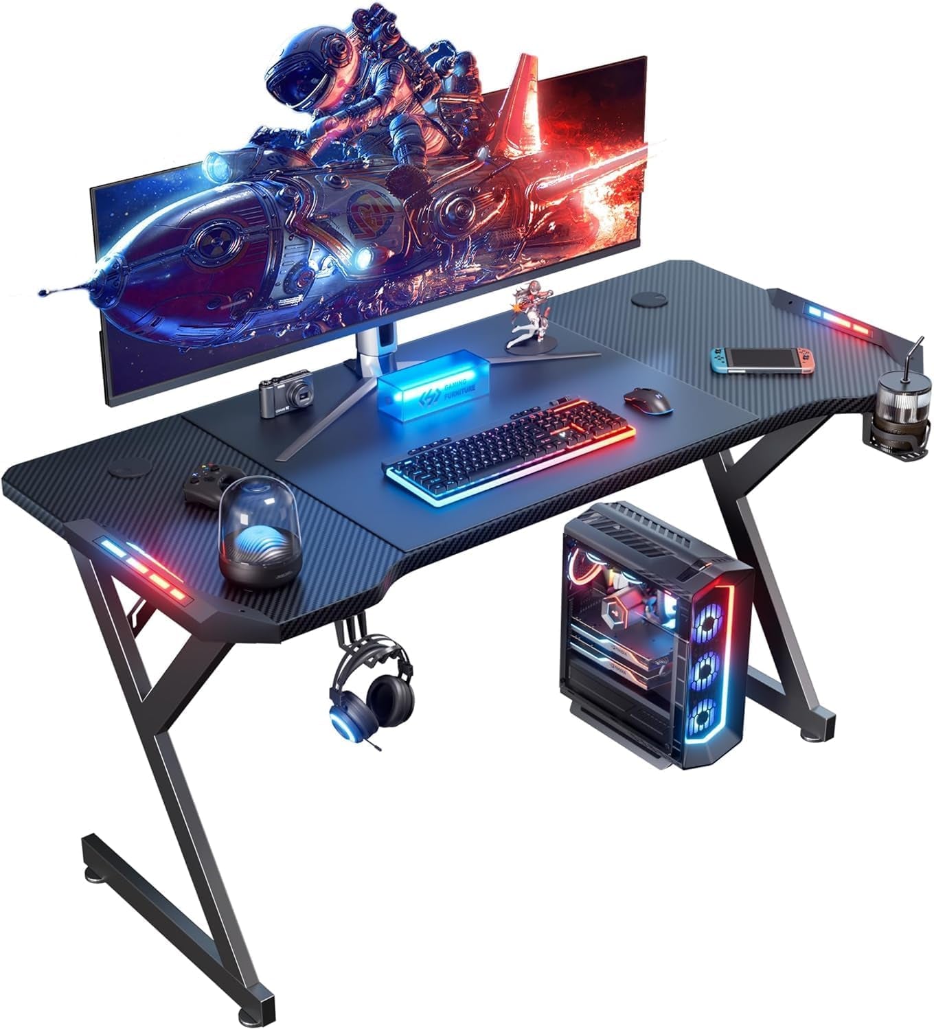 63 INCH Gaming Desk with LED Lights, Home Office Gamer Desk, Ergonomic Computer Table with Large Carbon Fiber Desktop, Office Workstation with Mouse Pad, Cup Holder & Headphone Hook, Black-0
