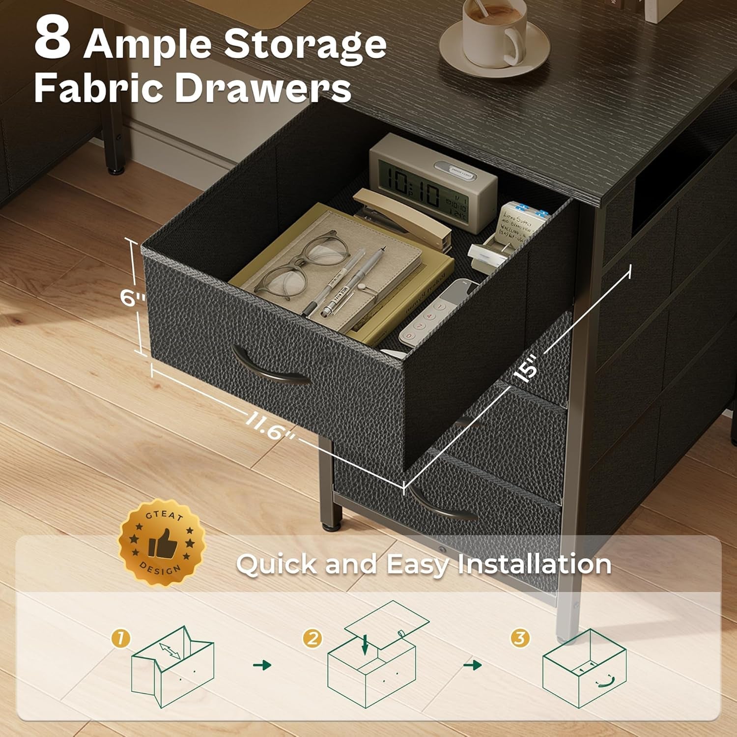 55 Inch Computer Desk with 8 Fabric Drawers, Office Desk Work Desk for Home Office, Study, Gaming Desk with Drawers, Large Storage, Black-3
