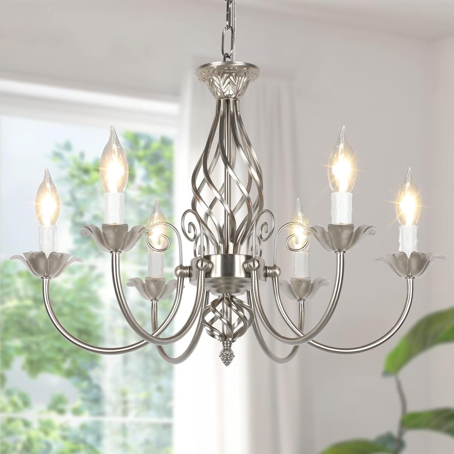 6-Light Farmhouse Candle Chandelier for Living Room, Rustic Industrial Pendant Ceiling Light Fixture, Brushed Nickle Modern Ceiling Hanging Lamp for Bedroom Hallway Kitchen Dining Room Foyer, E12 Base-1