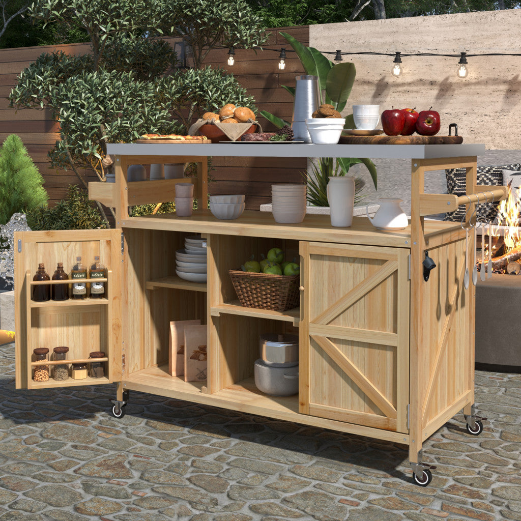 50" Natural Wood Rolling Kitchen Island With Storage-0