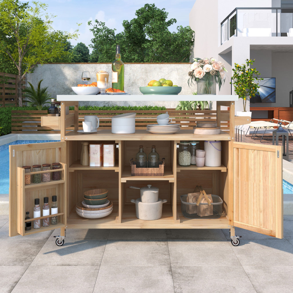 50" Natural Wood Rolling Kitchen Island With Storage-1