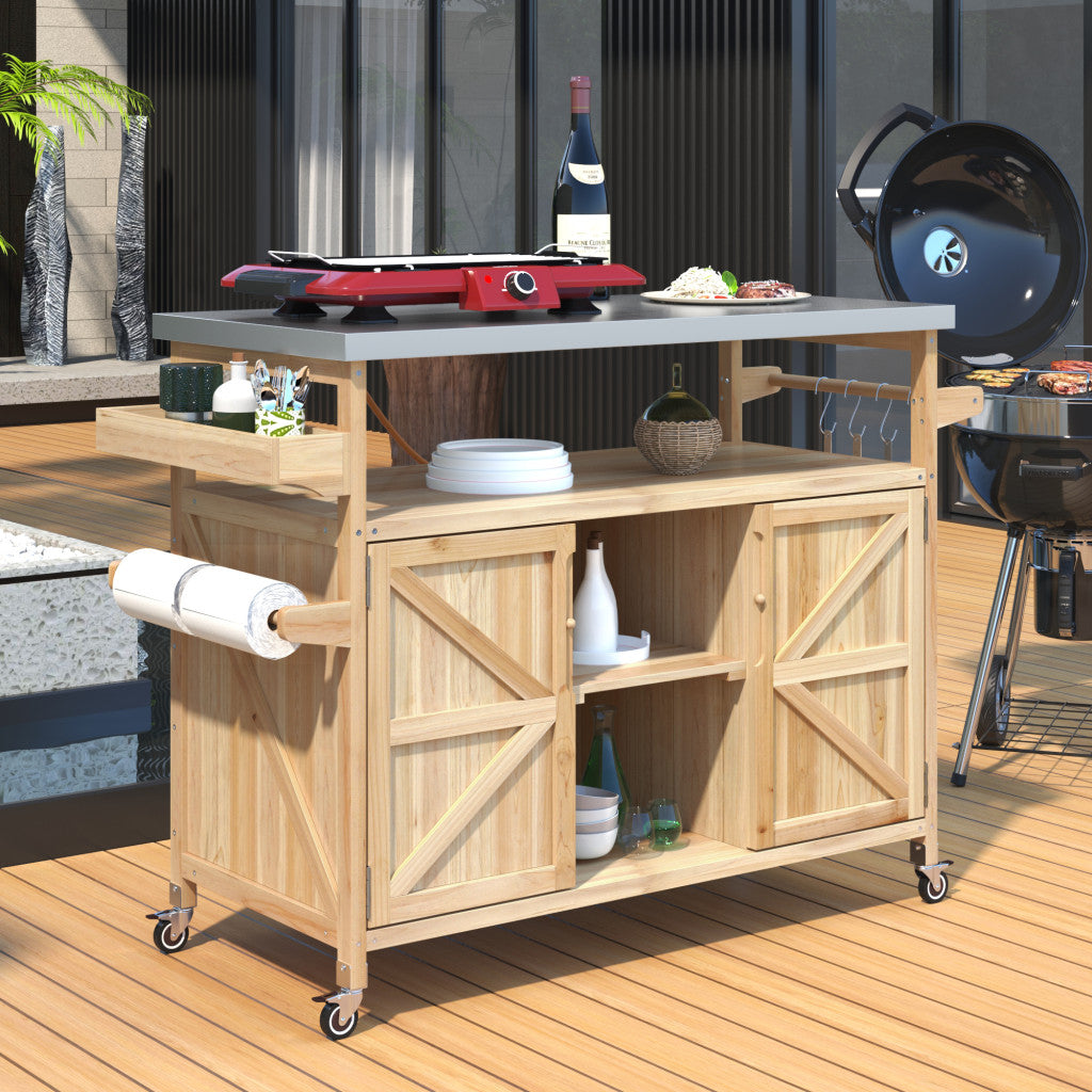 50" Natural Wood Rolling Kitchen Island With Storage-2