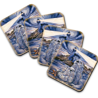 Starlight Otters Wooden Cork Coasters Gift Set of 4 by J. Bergsma - Wildlife Decor  - 8199473C-S4-0