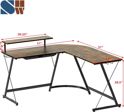 Vista L-Shape Desk with Monitor Stand, Rustic Brown-2
