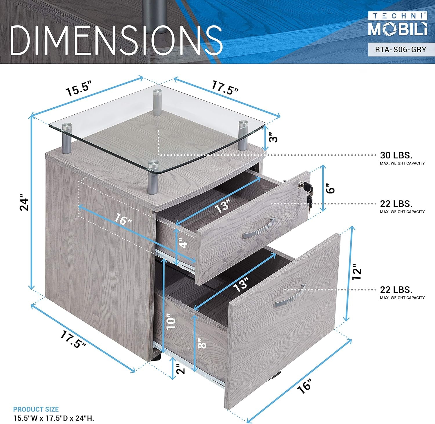 2-Drawer Rolling File Cabinet with Lock and Glass Top, under Desk File Cabinet with Wheels, Printer Stand, Grey-2