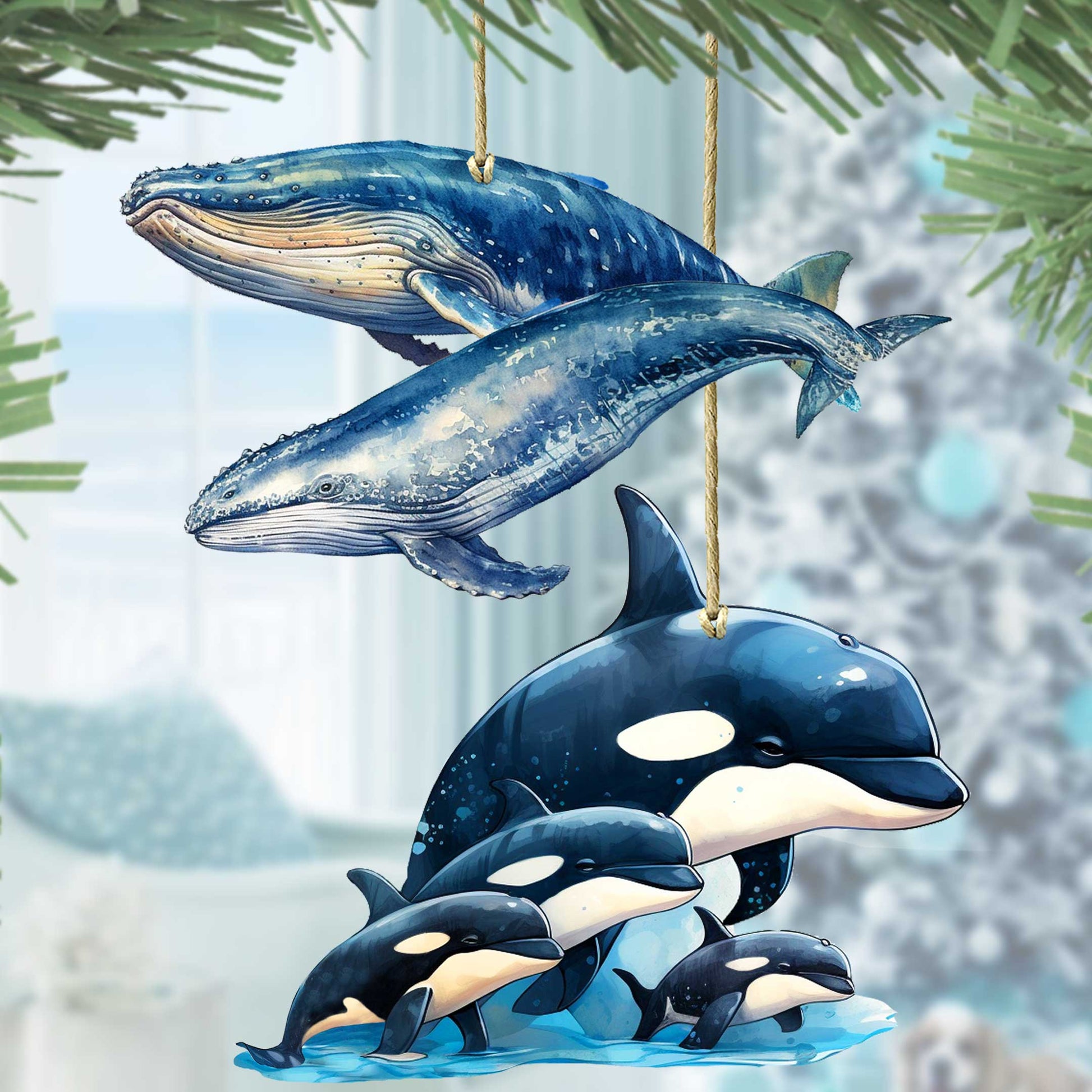 Alaskan Whale and Orca Eco Wood Ornaments Set of 2 by G. Debrekht - Wildlife Holiday Decor - 8091323S5-1