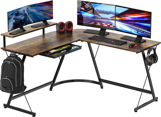 Vista L-Shape Desk with Monitor Stand, Rustic Brown-0