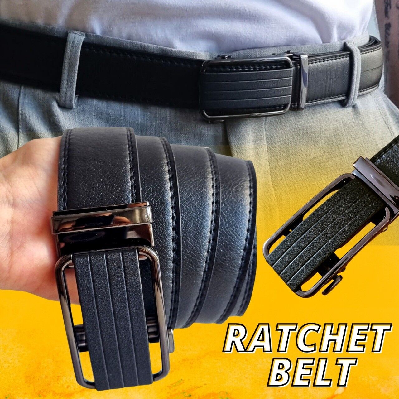 Leather Ratchet Belt For Men Adjustable Size, Slide Buckle