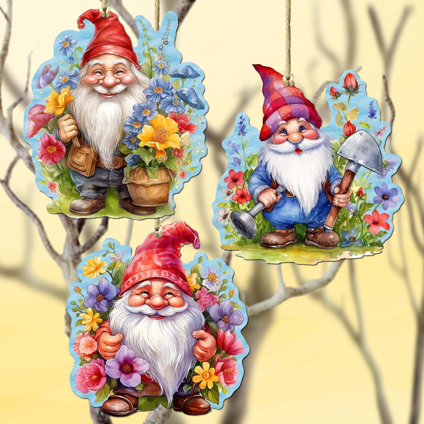 Garden Gnomes Decorative Eco Wood Ornaments Set of 3 by G. Debrekht - Spring Easter Decor - 8091030-S3-1
